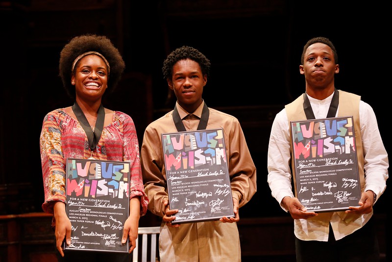 "From left, Shaila Essley, 1st place winner, Philip Patrick Bucknor, 2nd place winner and Wayne R. Mackins-Harris, 3rd place winner accept their awards on stage during the August Wilson Monologue Competition Los Angeles Regional Finals at Center Theatre Group/Mark Taper Forum on March 2, 2015, in Los Angeles, California. (Photo by Ryan Miller/Capture Imaging) "